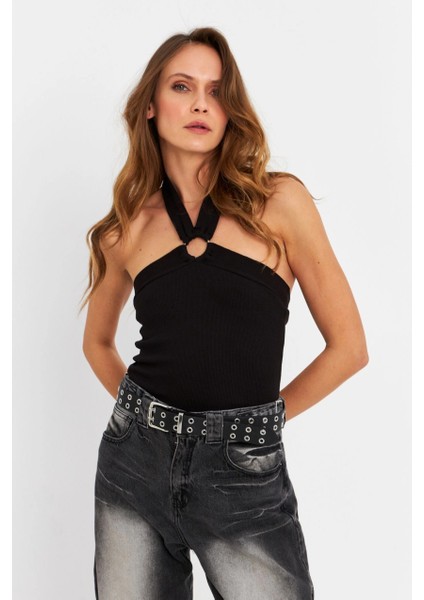 Kadın Siyah Halkalı Crop Bluz B2634-90 fırsatları