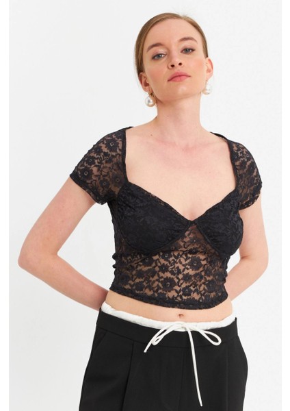 Kadın Siyah Kalp Yaka Tül Crop Bluz TPG05 modelleri