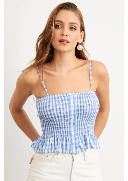 Kadın Mavi Ekose Lastikli Crop Bluz MTK13397