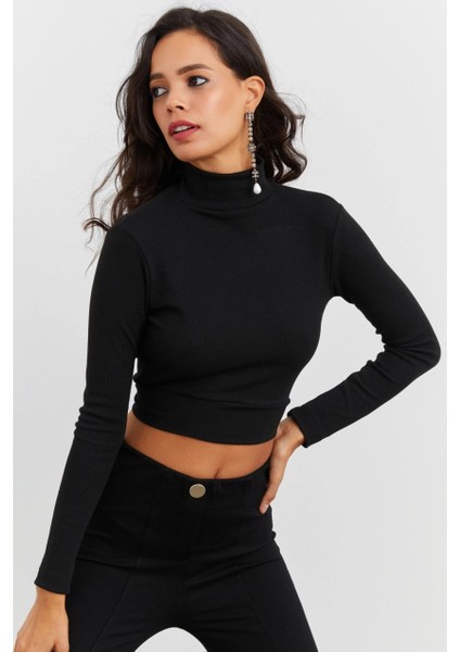 Kadın Siyah Sırtı Açık Crop Bluz EY1512 fırsatları