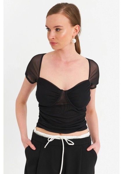 Kadın Siyah Büzgülü Tül Crop Bluz TPG04 fiyatları