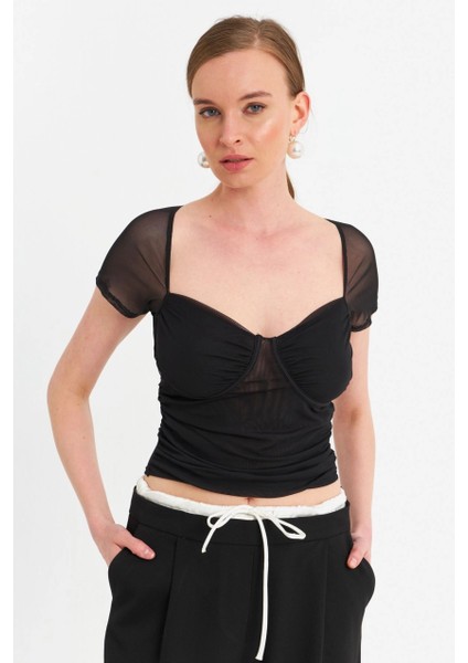 Kadın Siyah Büzgülü Tül Crop Bluz TPG04 modelleri