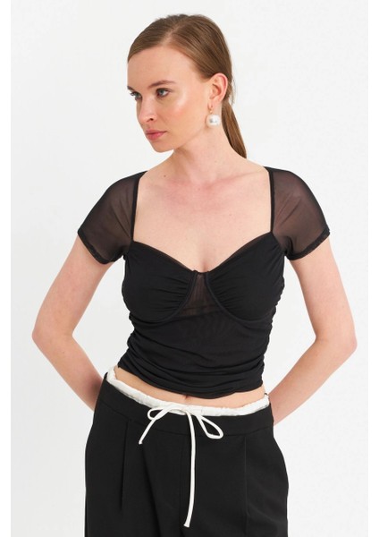 Kadın Siyah Büzgülü Tül Crop Bluz TPG04 fırsatları