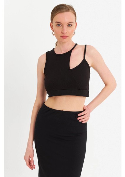 Kadın Siyah Pencereli Crop Bluz UR875