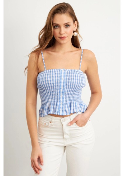 Kadın Mavi Ekose Lastikli Crop Bluz MTK13397