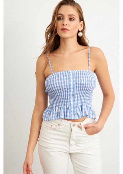 Kadın Mavi Ekose Lastikli Crop Bluz MTK13397