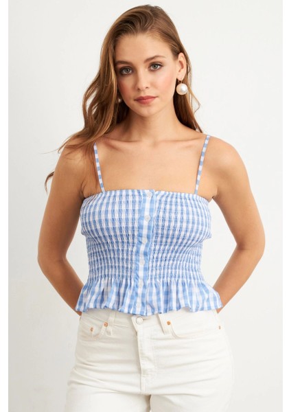 Kadın Mavi Ekose Lastikli Crop Bluz MTK13397