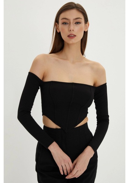 Kadın Siyah Sırt Fermuarlı Crop Bluz B518 fiyatları