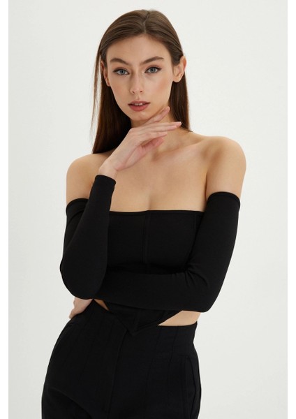 Kadın Siyah Sırt Fermuarlı Crop Bluz B518 fırsatları