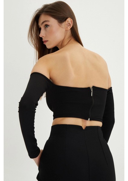 Kadın Siyah Sırt Fermuarlı Crop Bluz B518 indirimleri