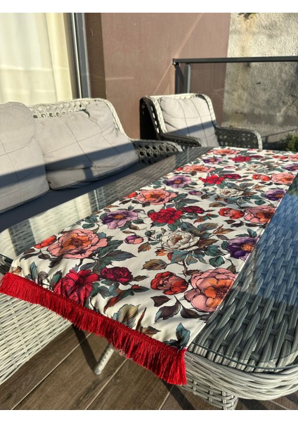 135X43 cm Sofistike Estetik Çiçekler Desenli Kırmızı Püsküllü Runner