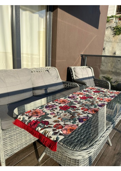 135X43 cm Sofistike Estetik Çiçekler Desenli Kırmızı Püsküllü Runner fiyatları