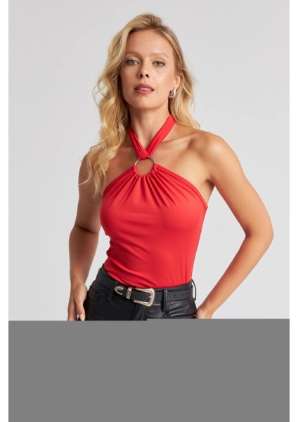 Kadın Kırmızı Boyun Bağlamalı Halkalı Crop Bluz EY2674