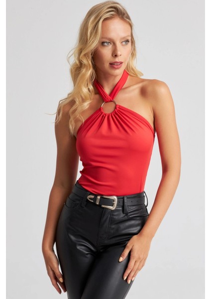 Kadın Kırmızı Boyun Bağlamalı Halkalı Crop Bluz EY2674 fiyatları