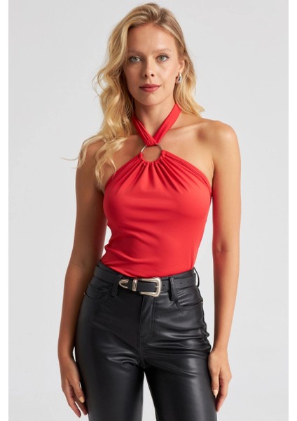 Kadın Kırmızı Boyun Bağlamalı Halkalı Crop Bluz EY2674 modelleri
