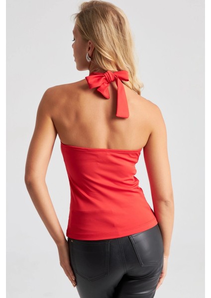 Kadın Kırmızı Boyun Bağlamalı Halkalı Crop Bluz EY2674 fırsatları