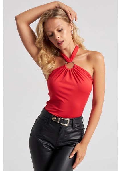 Kadın Kırmızı Boyun Bağlamalı Halkalı Crop Bluz EY2674 indirimleri