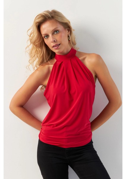 Kadın Kırmızı Halter Yaka Bluz LPP1273