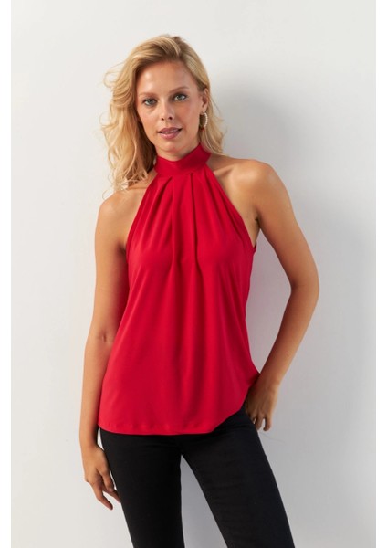 Kadın Kırmızı Halter Yaka Bluz LPP1273 fiyatları