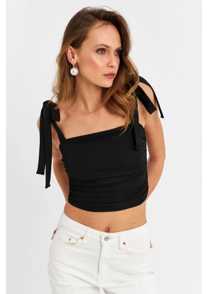 Kadın Siyah Omuz Bağlamalı Crop Bluz B5023-90 fiyatları