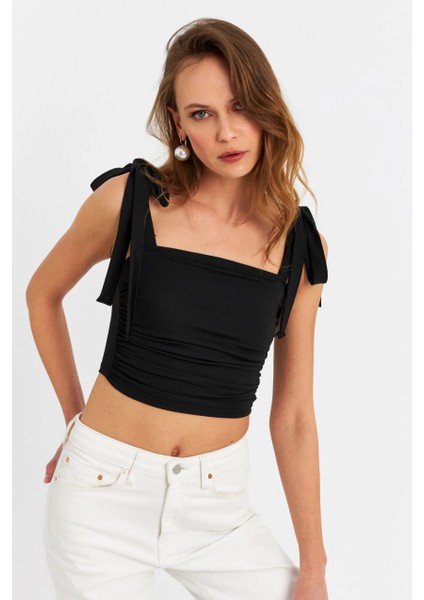 Kadın Siyah Omuz Bağlamalı Crop Bluz B5023-90 modelleri