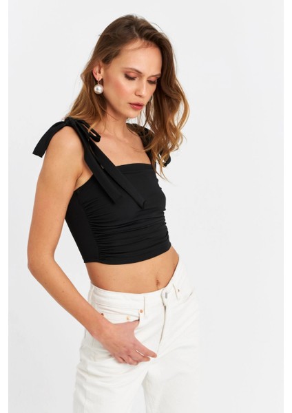 Kadın Siyah Omuz Bağlamalı Crop Bluz B5023-90 fırsatları