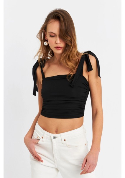 Kadın Siyah Omuz Bağlamalı Crop Bluz B5023-90 indirimleri