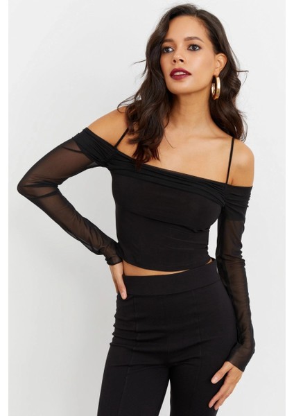 Kadın Siyah Kolları Tül Madonna Yaka Crop Bluz B1927
