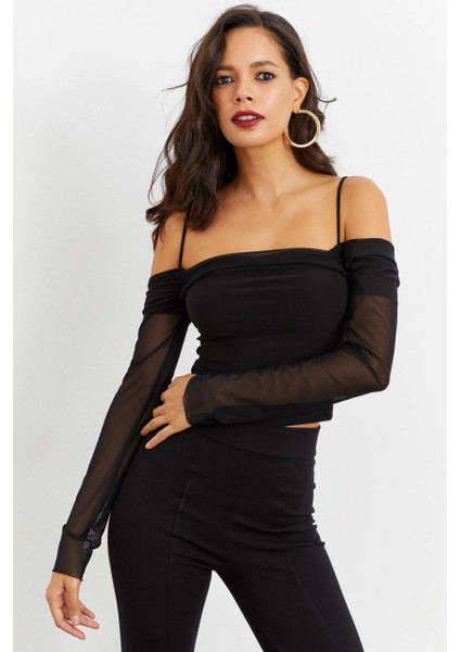 Kadın Siyah Kolları Tül Madonna Yaka Crop Bluz B1927 fiyatları