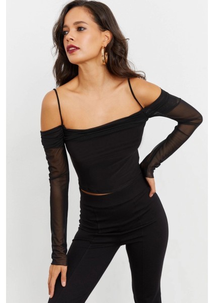 Kadın Siyah Kolları Tül Madonna Yaka Crop Bluz B1927 fırsatları