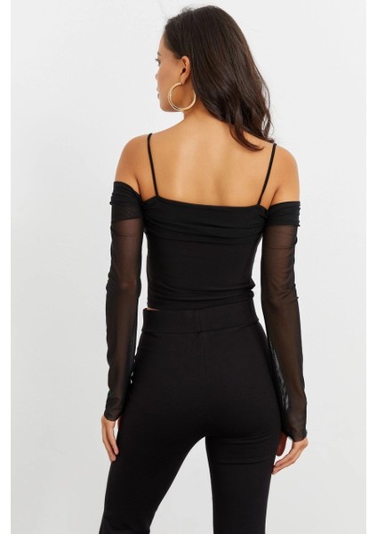 Kadın Siyah Kolları Tül Madonna Yaka Crop Bluz B1927 indirimleri