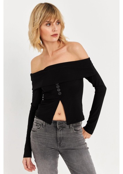 Kadın Siyah Madonna Yaka Yırtmaçlı Crop Bluz ELT4034