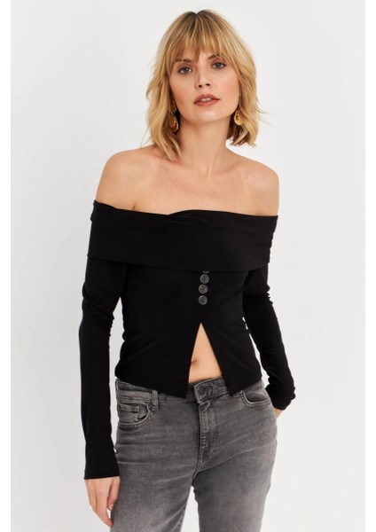 Kadın Siyah Madonna Yaka Yırtmaçlı Crop Bluz ELT4034 fiyatları