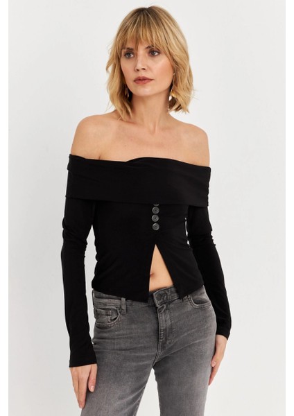 Kadın Siyah Madonna Yaka Yırtmaçlı Crop Bluz ELT4034 modelleri