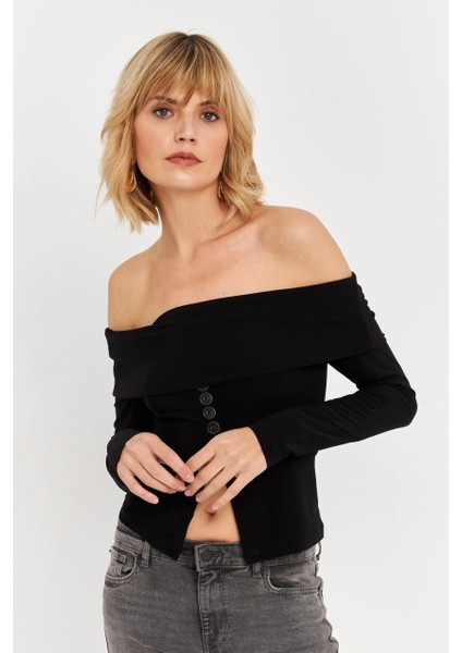 Kadın Siyah Madonna Yaka Yırtmaçlı Crop Bluz ELT4034 fırsatları