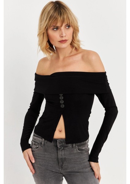 Kadın Siyah Madonna Yaka Yırtmaçlı Crop Bluz ELT4034 indirimleri