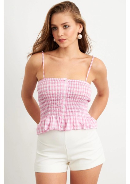 Kadın Pudra Ekose Lastikli Crop Bluz MTK13397