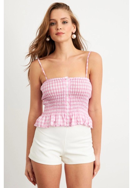 Kadın Pudra Ekose Lastikli Crop Bluz MTK13397 modelleri