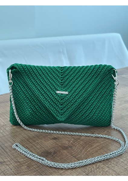 Kadın Makrome Yeşil Askılı Örgü Çıt Çıtlı Omuz Çantası En 24 cm Boy 16 cm Derinlik 1,5 cm