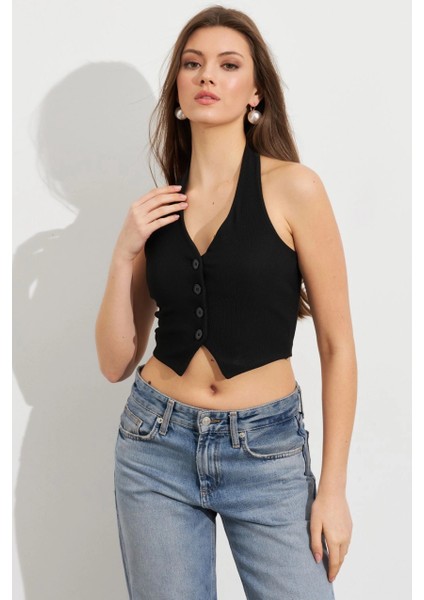 Kadın Siyah Crop Bluz SE18 modelleri