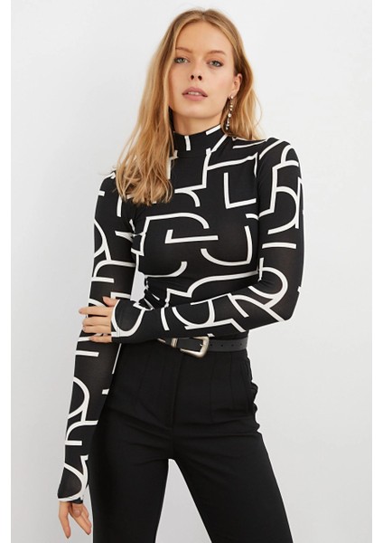 Kadın Siyah Yarım Balıkçı Desenli Bluz LPP1133 modelleri
