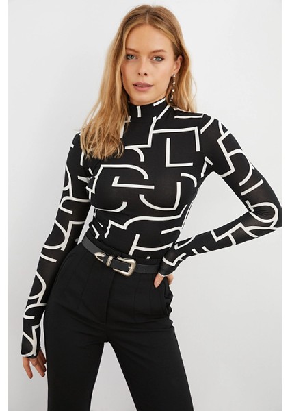 Kadın Siyah Yarım Balıkçı Desenli Bluz LPP1133 fırsatları