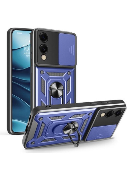 Samsung Galaxy S25 Edge Uyumlu Kılıf Pars Sürgülü Kamera Korumalı Yüzüklü Sert Silikon Lacivert