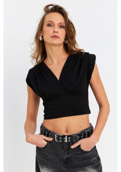 Kadın Siyah Kruvaze Crop Bluz SDY1234 fiyatları