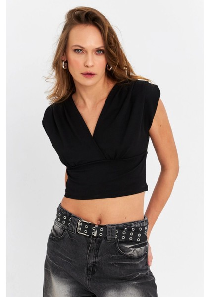Kadın Siyah Kruvaze Crop Bluz SDY1234 modelleri