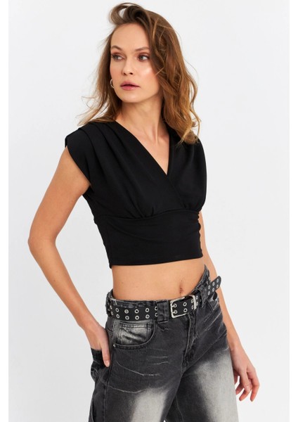 Kadın Siyah Kruvaze Crop Bluz SDY1234 fırsatları