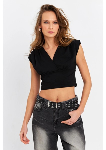 Kadın Siyah Kruvaze Crop Bluz SDY1234 indirimleri