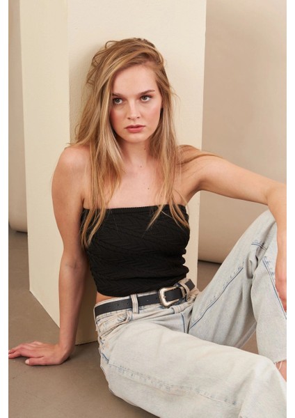 Kadın Siyah Straplez Triko Crop Bluz ZH049