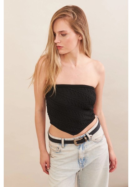 Kadın Siyah Straplez Triko Crop Bluz ZH049 fiyatları