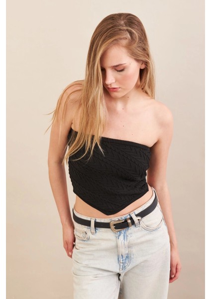 Kadın Siyah Straplez Triko Crop Bluz ZH049 modelleri